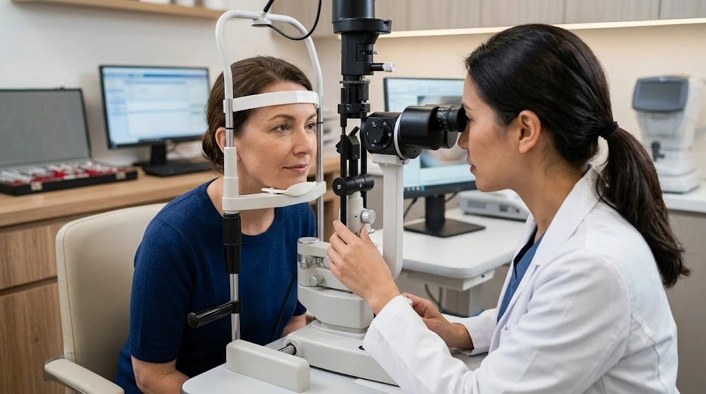 Ophthalmologist examining a patient’s eye during a routine glaucoma examination