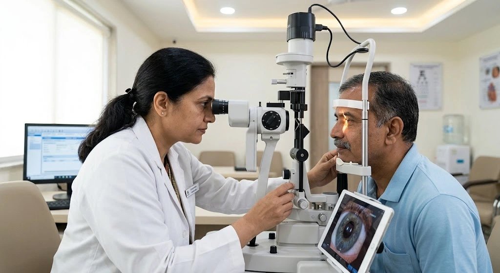 Glaucoma specialist performing a glaucoma screening test in Ahmedabad